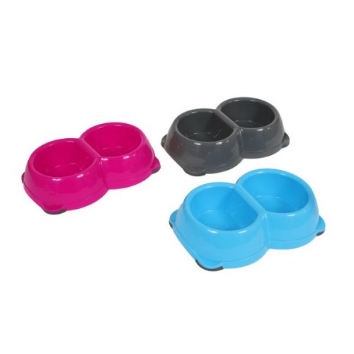 Animal Instincts Plastic Twin Dog Bowl Grey/Pink/Bl 280mlx2